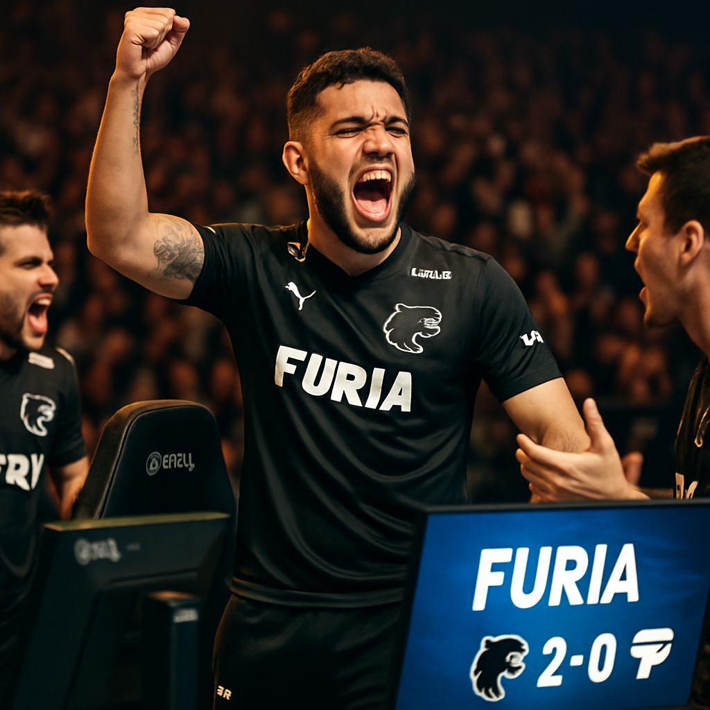 FURIA team celebrating their victory against paiN in a CS2 match, with KSCERATO prominent,